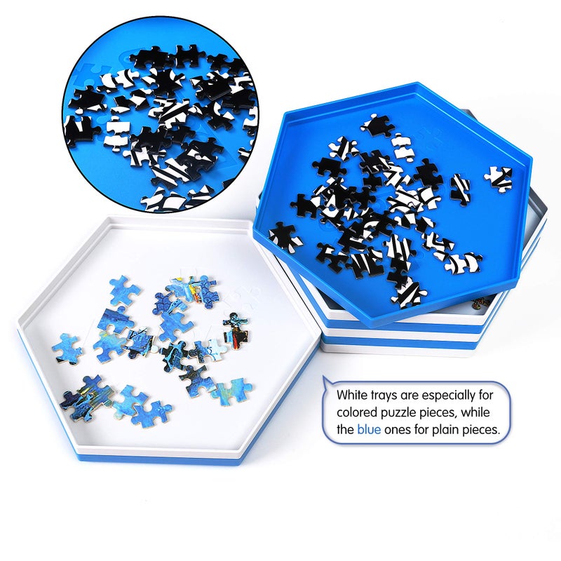Becko US Stackable Puzzle Sorting Trays Jigsaw Puzzle Sorters with Lid Puzzle Accessory for Puzzles Up to 1500 Pieces, 8 Hexagonal Trays in White & Blue - Image 5